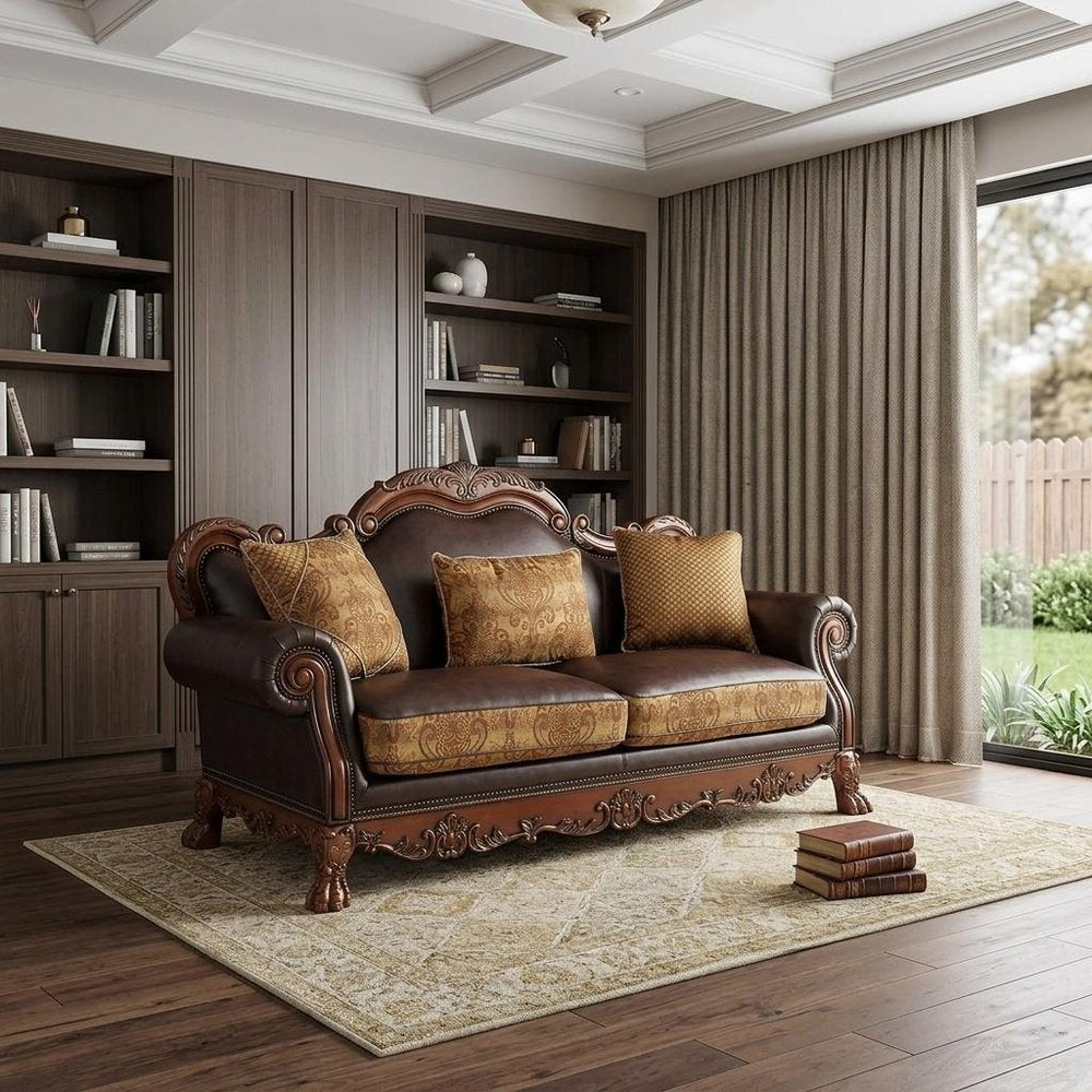 89" Brown Chenille Faux Leather And Wood Damask Sofa With Toss Pillows