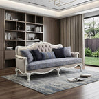 88" Cream Linen Damask Sofa And Toss Pillows With White Legs