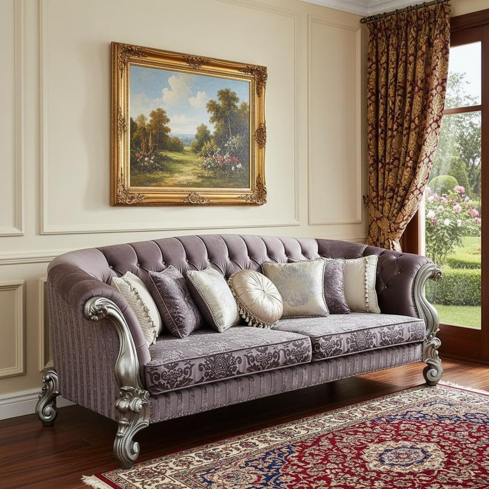 99" Platinum Velvet And Solid Wood Curved Damask Sofa With Toss Pillows