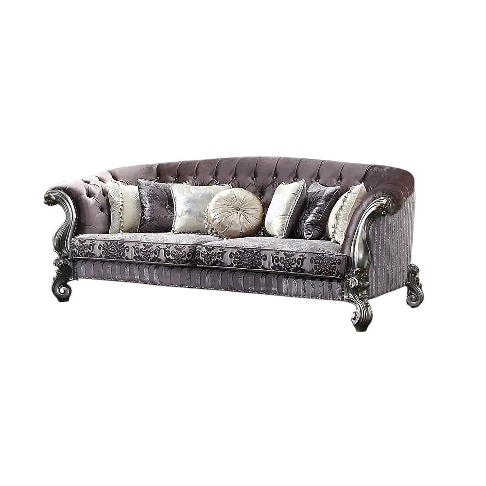 99" Platinum Velvet And Solid Wood Curved Damask Sofa With Toss Pillows