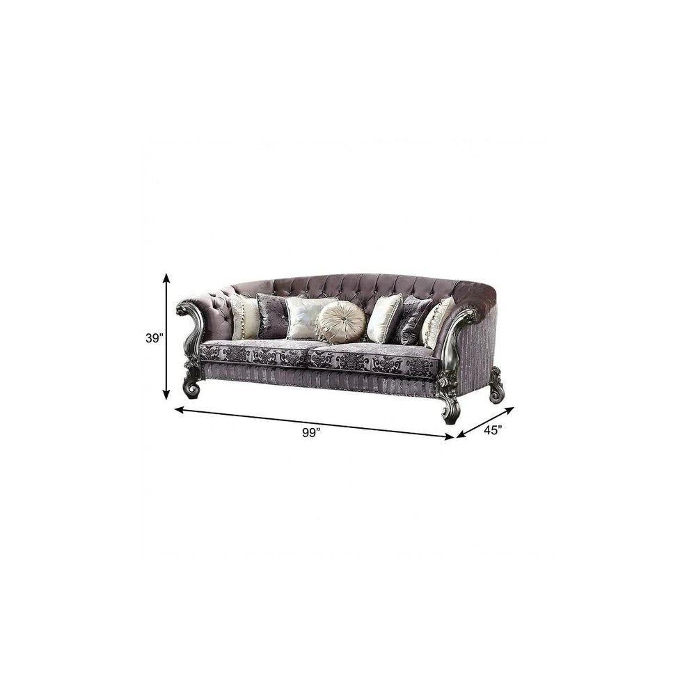 99" Platinum Velvet And Solid Wood Curved Damask Sofa With Toss Pillows