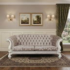 99" Ivory Velvet Damask Sofa And Toss Pillows With Bone Legs