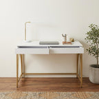 50" White and Gold Writing Desk With Two Drawers