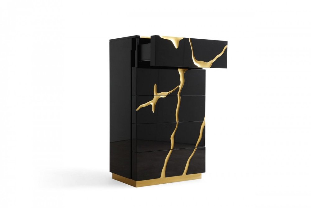 30" Black And Gold Carved Abstract Wood Five Drawer Dresser