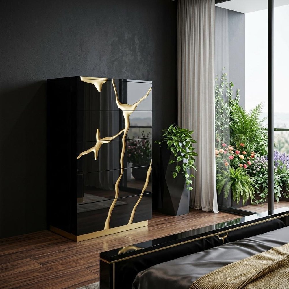30" Black And Gold Carved Abstract Wood Five Drawer Dresser