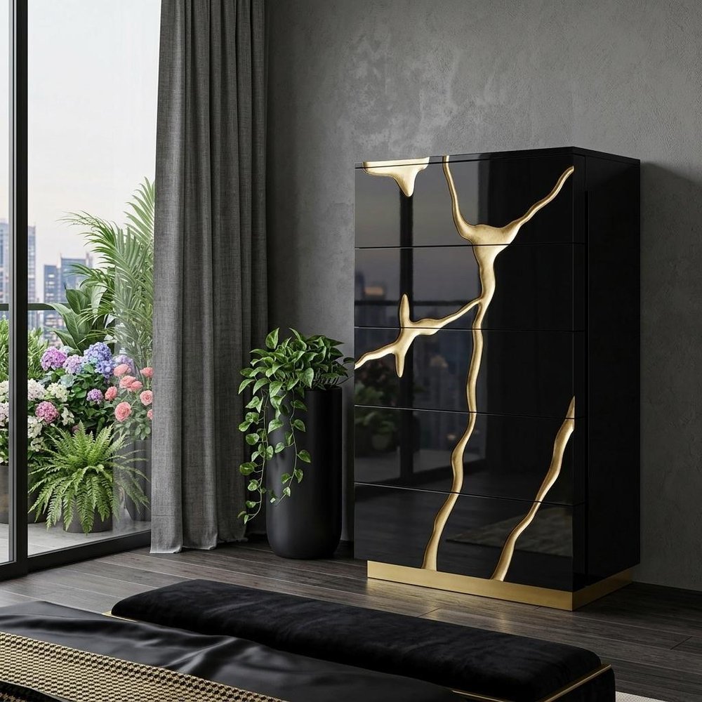 30" Black And Gold Carved Abstract Wood Five Drawer Dresser