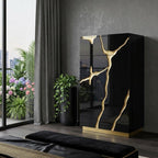 30" Black And Gold Carved Abstract Wood Five Drawer Dresser