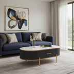 47" White And Gold Stone And Stainless Steel Oval Coffee Table With Drawer