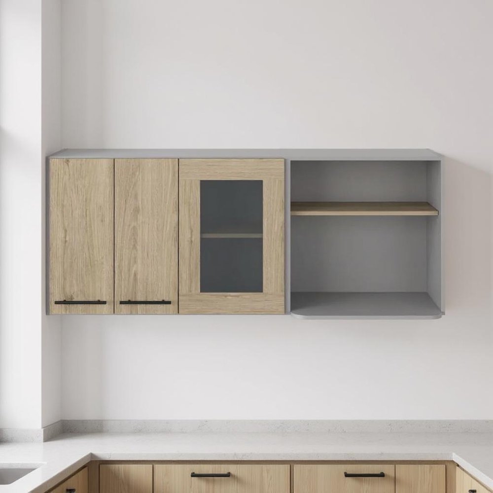 24" Gray and Natural Wood Wall Mounted Kitchen Cabinet With Three Doors