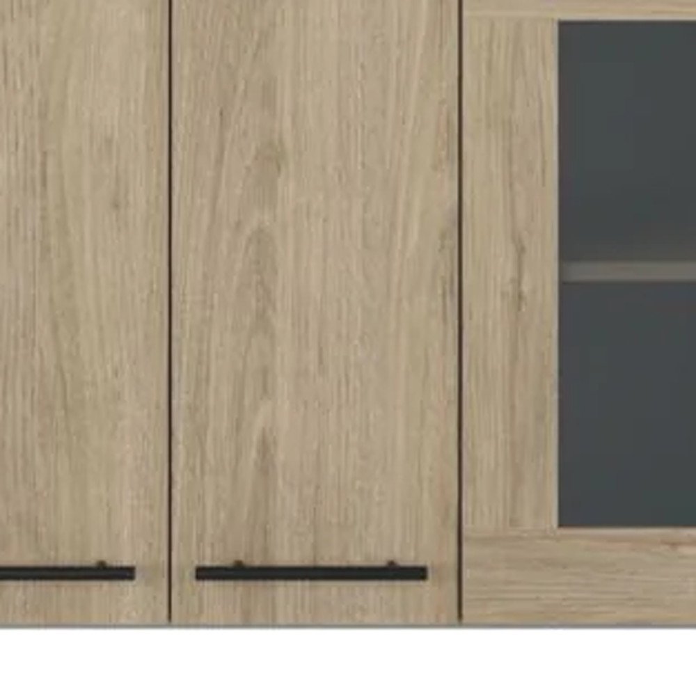 24" Gray and Natural Wood Wall Mounted Kitchen Cabinet With Three Doors