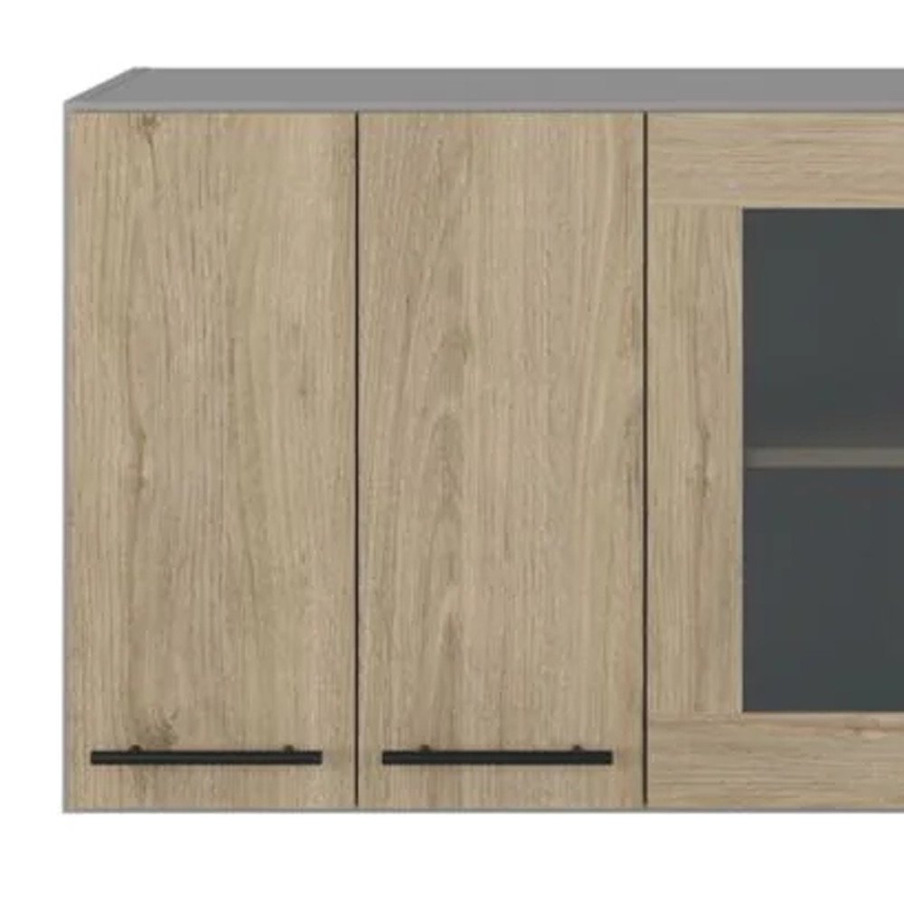24" Gray and Natural Wood Wall Mounted Kitchen Cabinet With Three Doors