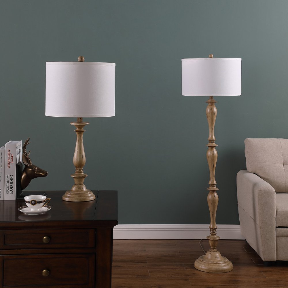 62" Brown And White Polyresin Floor Lamp With White Fabric Shade