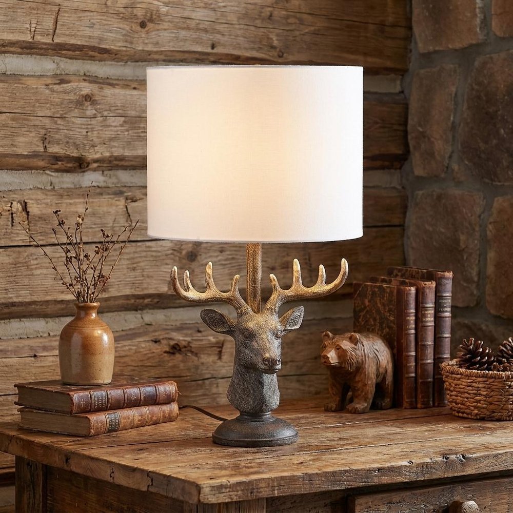 18" Antiqued Bronzed Stag Bust Table Lamp With White Drum Shade