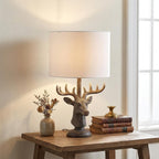 18" Antiqued Bronzed Stag Bust Table Lamp With White Drum Shade
