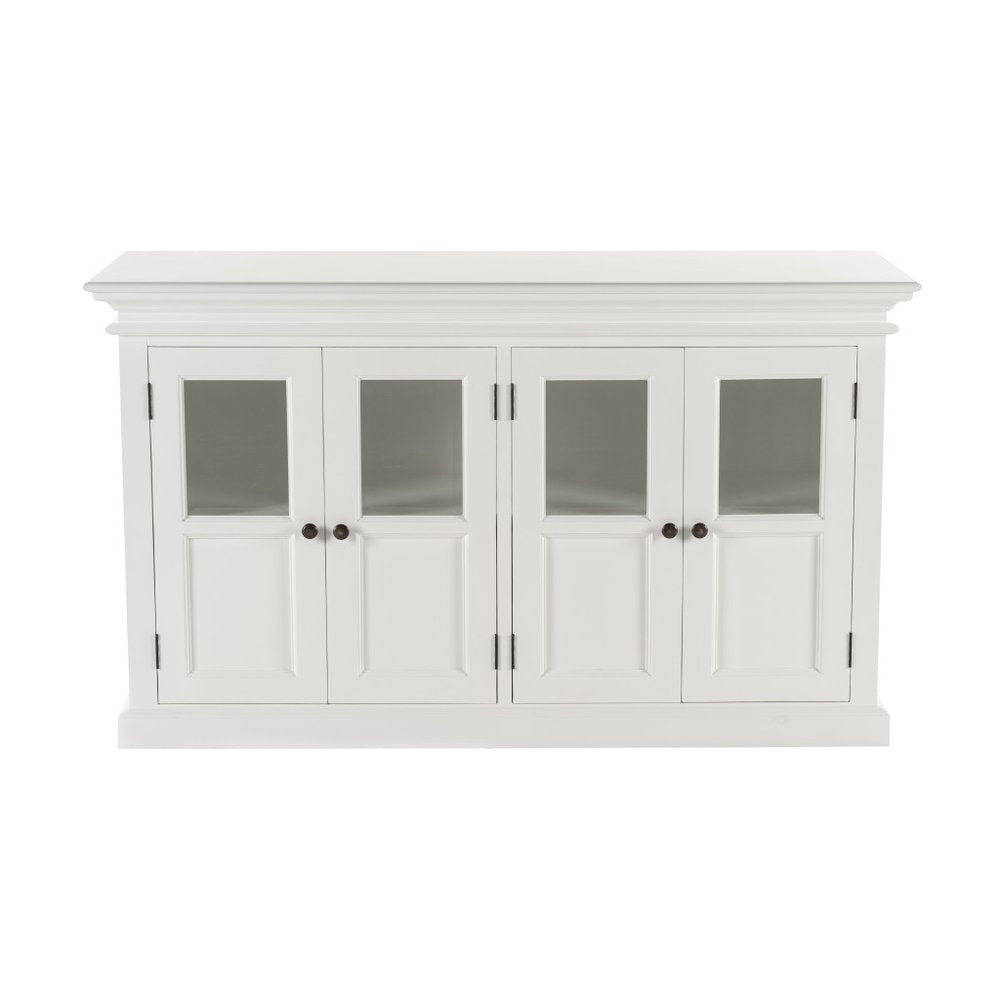 60" White Solid Wood Paneled Buffet Table with Four Glass Doors