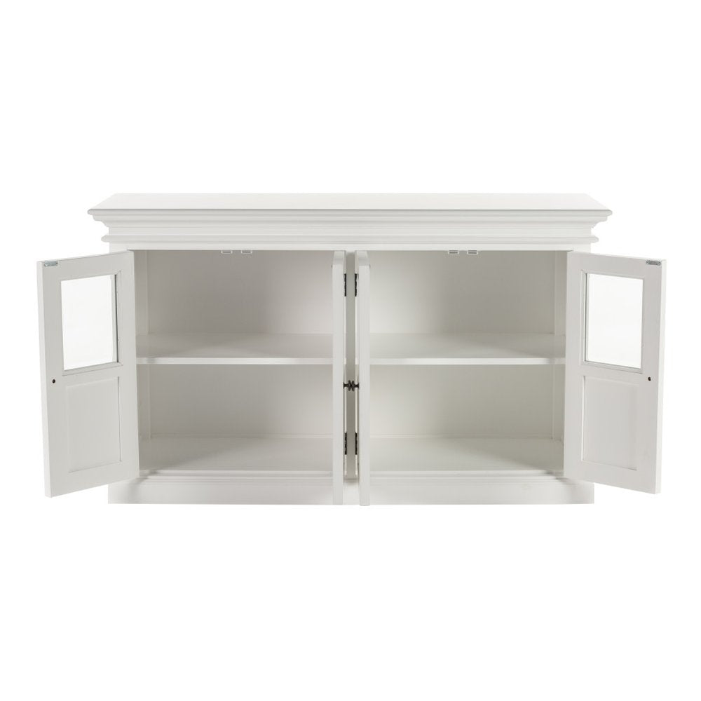 60" White Solid Wood Paneled Buffet Table with Four Glass Doors