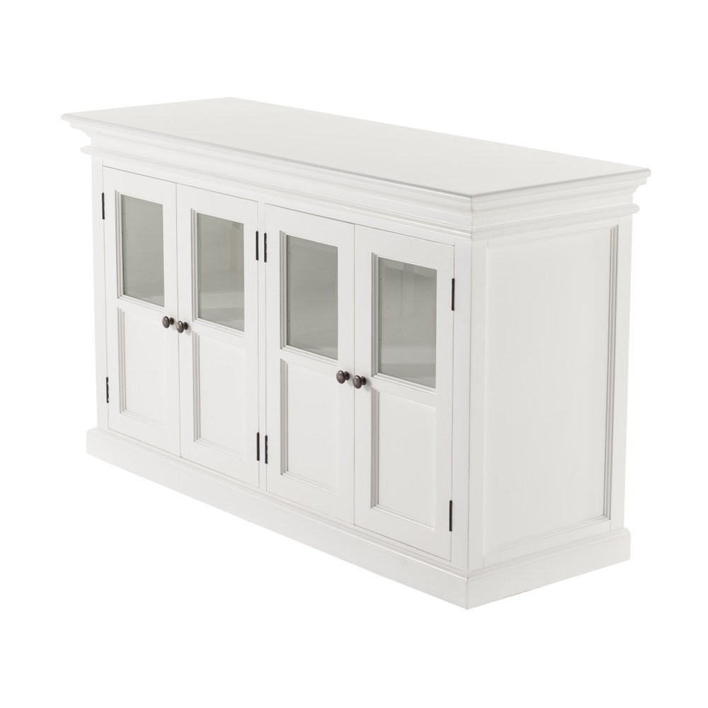60" White Solid Wood Paneled Buffet Table with Four Glass Doors