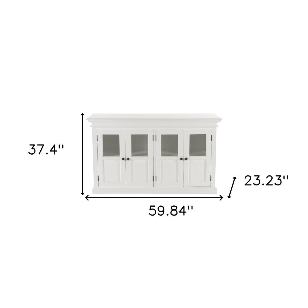 60" White Solid Wood Paneled Buffet Table with Four Glass Doors