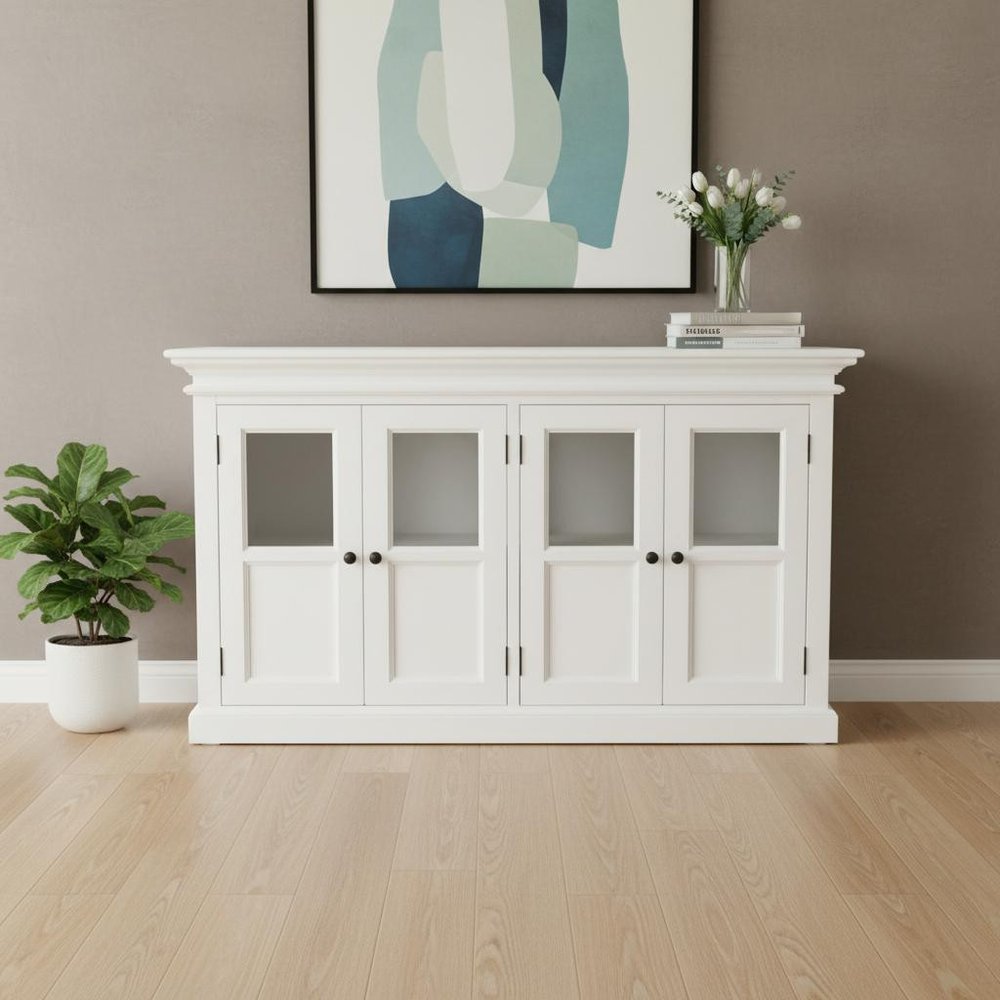 60" White Solid Wood Paneled Buffet Table with Four Glass Doors