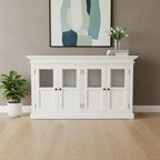 60" White Solid Wood Paneled Buffet Table with Four Glass Doors
