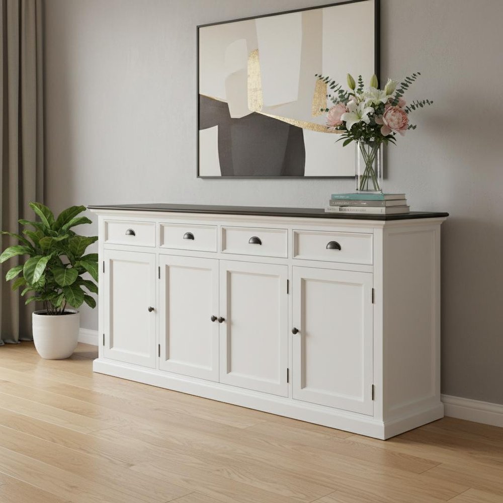 81" White & Black Solid Wood Buffet Table