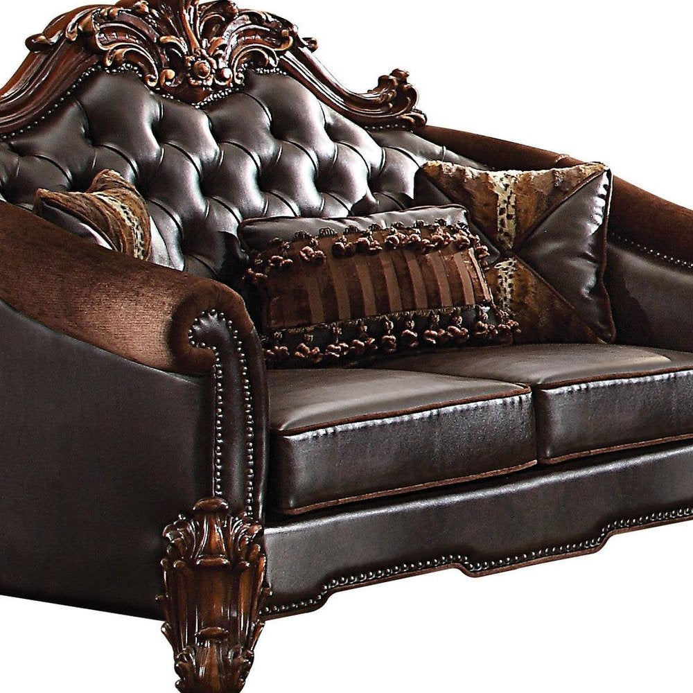 66" Brown And Dark Brown Chenille And Faux Leather Loveseat and Toss Pillows