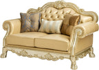 64" Bone And Gold Faux Leather Loveseat and Toss Pillows