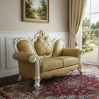 70" Golden Yellow And Pearl Faux Leather Loveseat and Toss Pillows