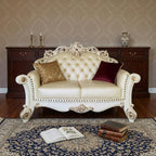 70" Champagne And Pearl Faux Leather Loveseat and Toss Pillows