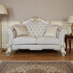 66" Two Tone Ivory And Pearl Velvet Loveseat and Toss Pillows