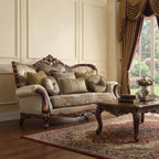 74" Tan And Brown Velvet Damask Curved Loveseat and Toss Pillows