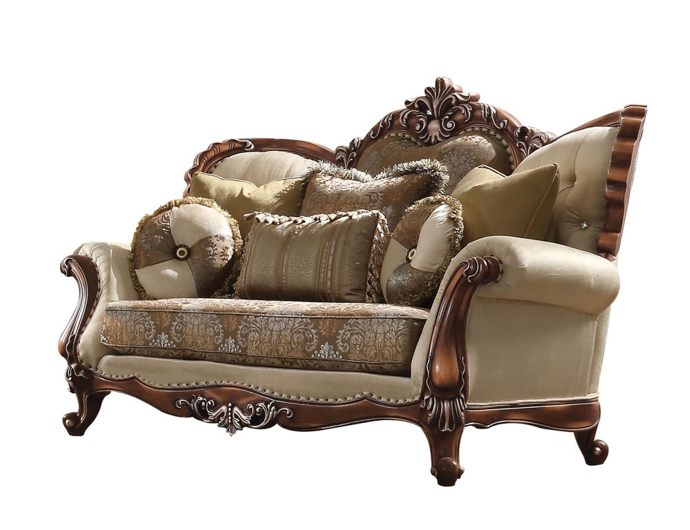 74" Tan And Brown Velvet Damask Curved Loveseat and Toss Pillows