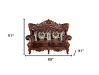 69" Brown And Walnut Top Grain Leather Curved Loveseat and Toss Pillows