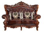 69" Brown And Walnut Top Grain Leather Curved Loveseat and Toss Pillows