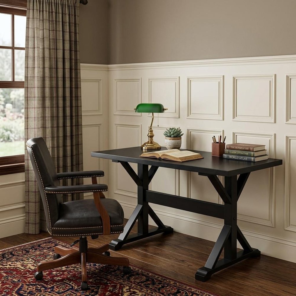 48" Black Solid Wood Trestle Writing Desk