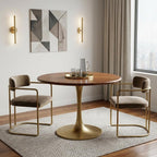 30" Brown And Gold Rounded Solid Wood And Iron Pedestal Base Dining Table