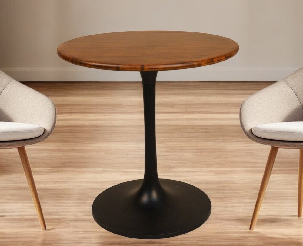 30" Brown And Gold Rounded Solid Wood And Iron Pedestal Base Dining Table