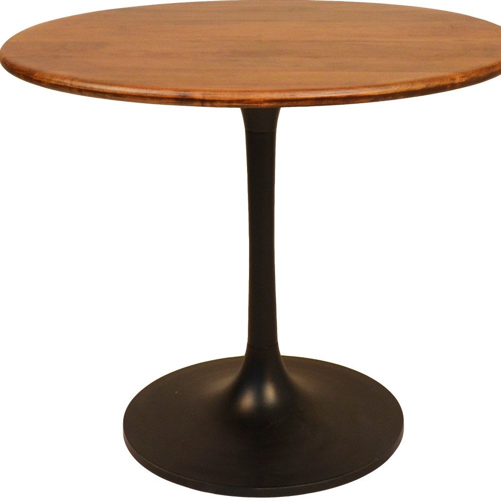 36" Brown And Gold Rounded Solid Wood And Iron Pedestal Base Dining Table