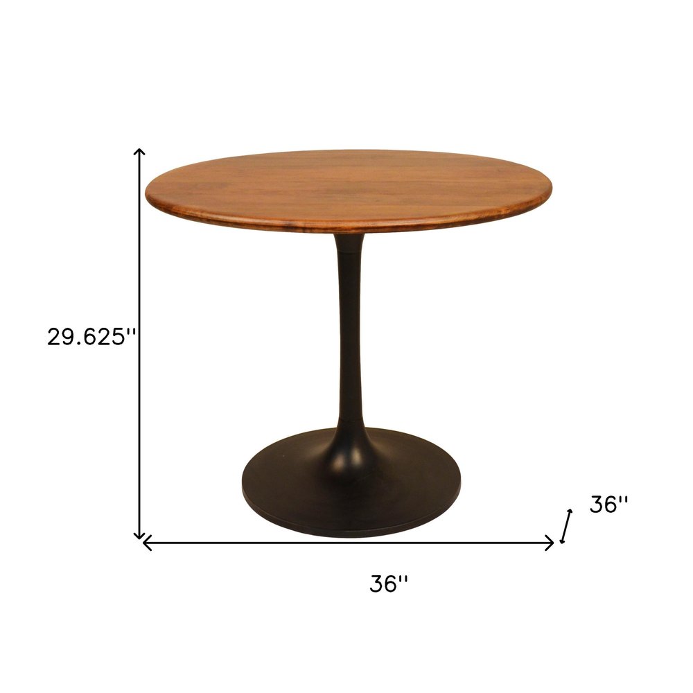 36" Brown And Gold Rounded Solid Wood And Iron Pedestal Base Dining Table