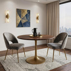 40" Brown And Gold Rounded Solid Wood And Iron Pedestal Base Dining Table