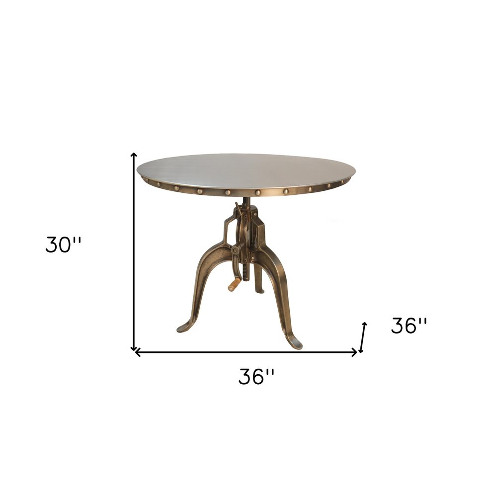 Adjustable Height Brown And Black Solid Wood And Iron Pedestal Base Round Top Dining Table