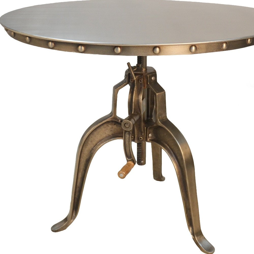Adjustable Height Brown And Black Solid Wood And Iron Pedestal Base Round Top Dining Table