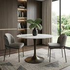 30" White And Black Rounded Marble And Iron Pedestal Base Dining Table