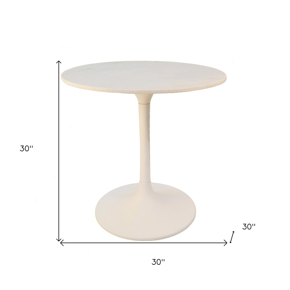 30" White And Black Rounded Marble And Iron Pedestal Base Dining Table