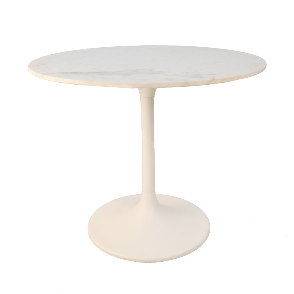 36" White And Black Rounded Marble And Iron Pedestal Base Dining Table