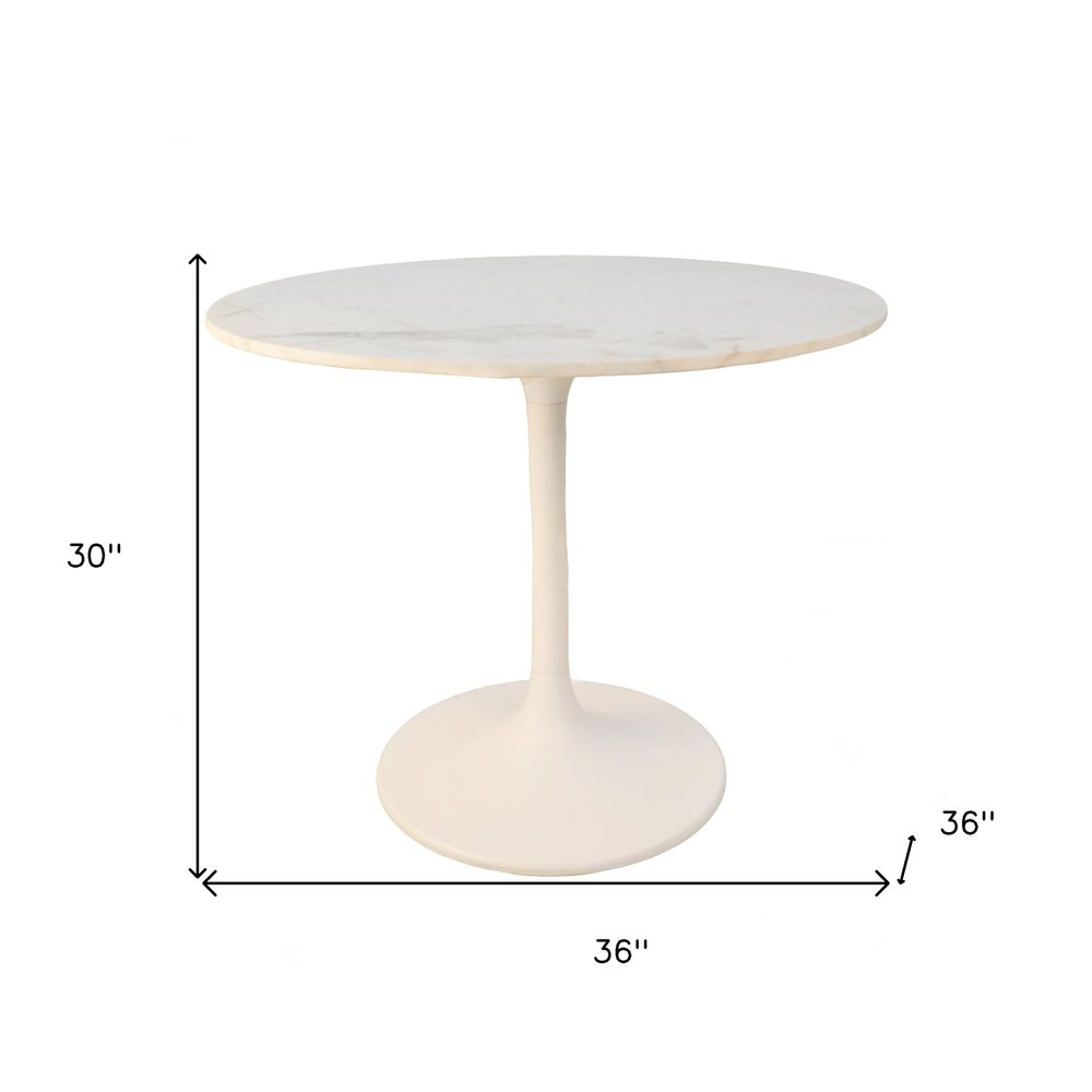 36" White And Black Rounded Marble And Iron Pedestal Base Dining Table