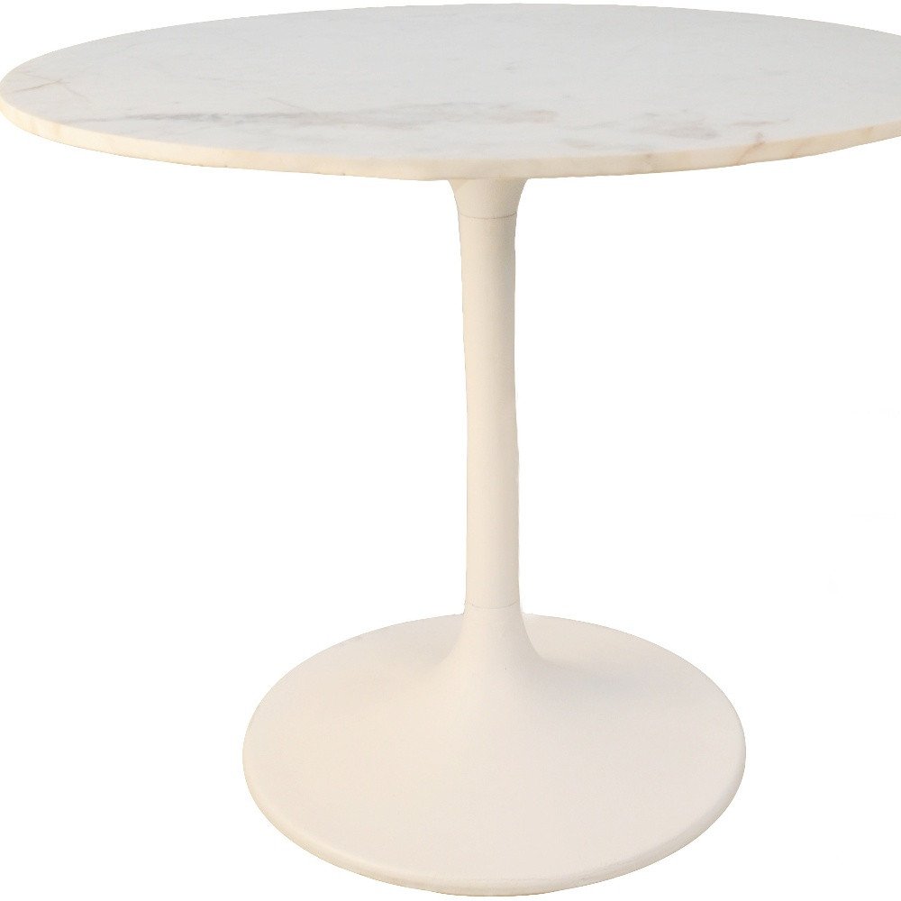 36" White And Black Rounded Marble And Iron Pedestal Base Dining Table