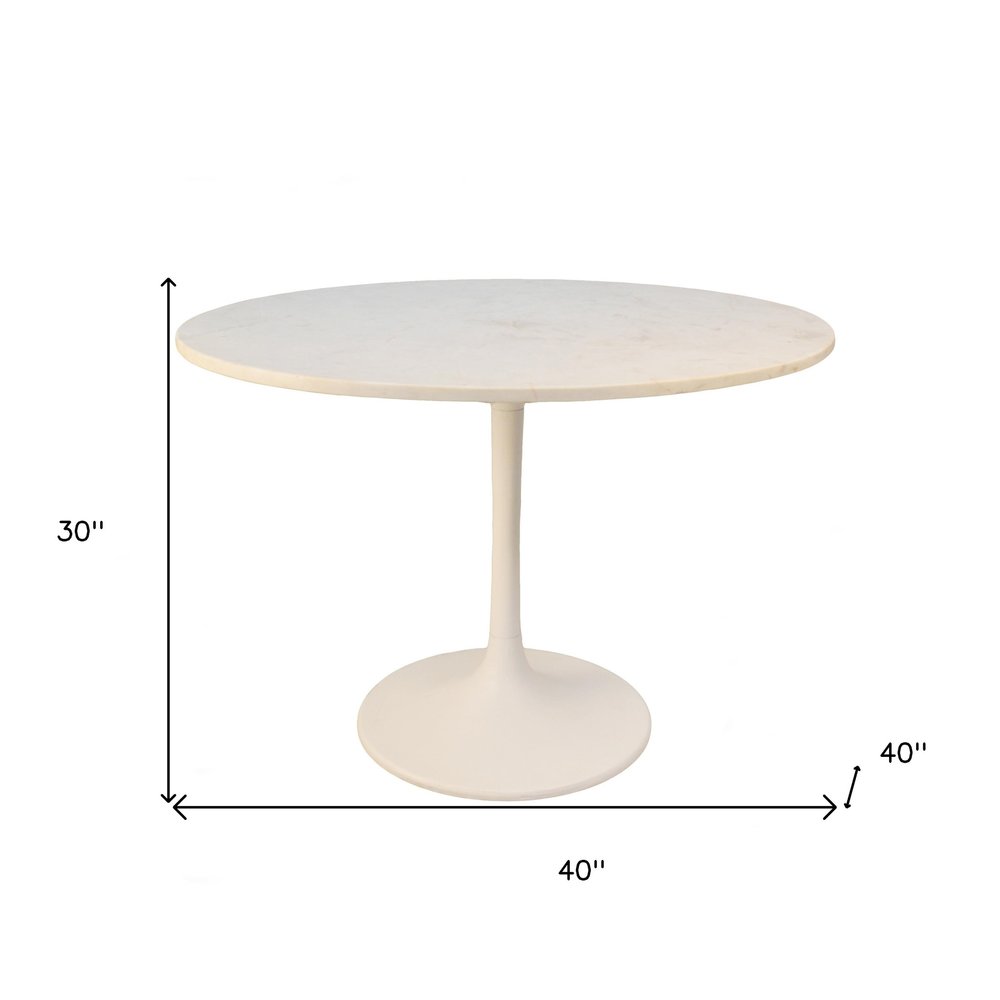 40" White And Black Rounded Marble And Iron Pedestal Base Dining Table