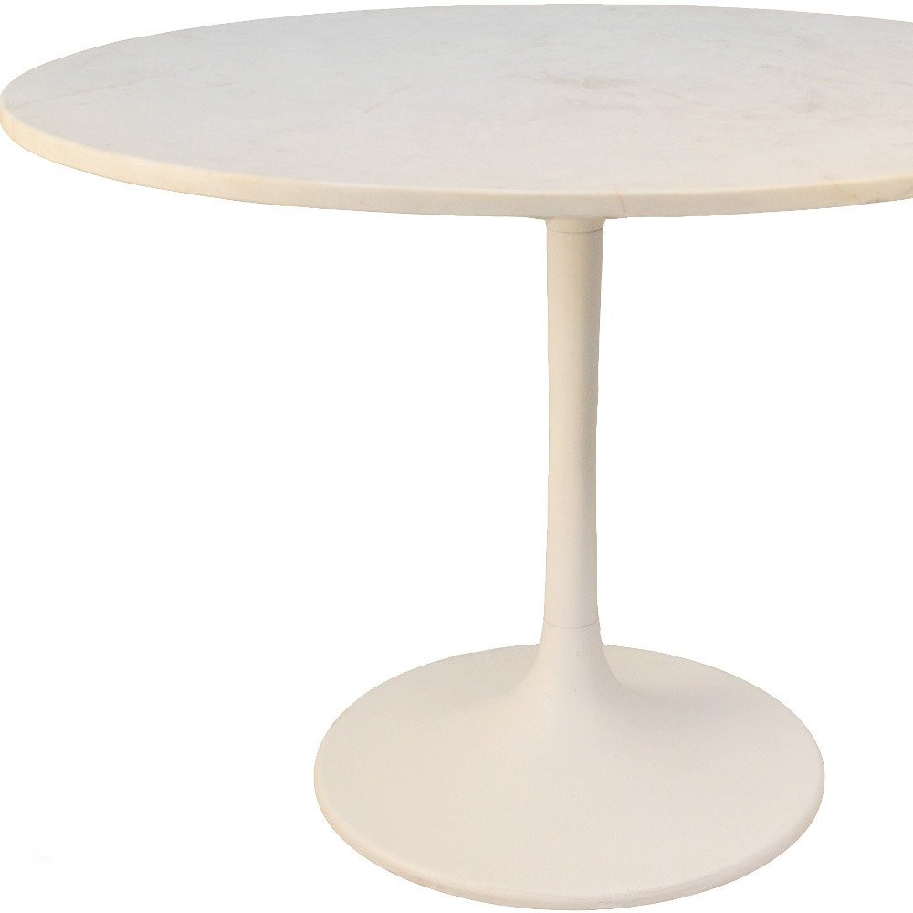 40" White And Black Rounded Marble And Iron Pedestal Base Dining Table