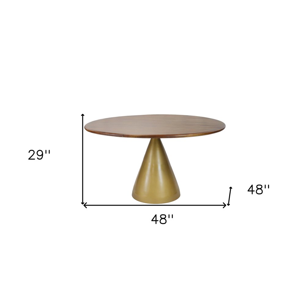 48" Walnut And Rose Gold Solid Wood And Iron Pedestal Base Round Top Dining Table